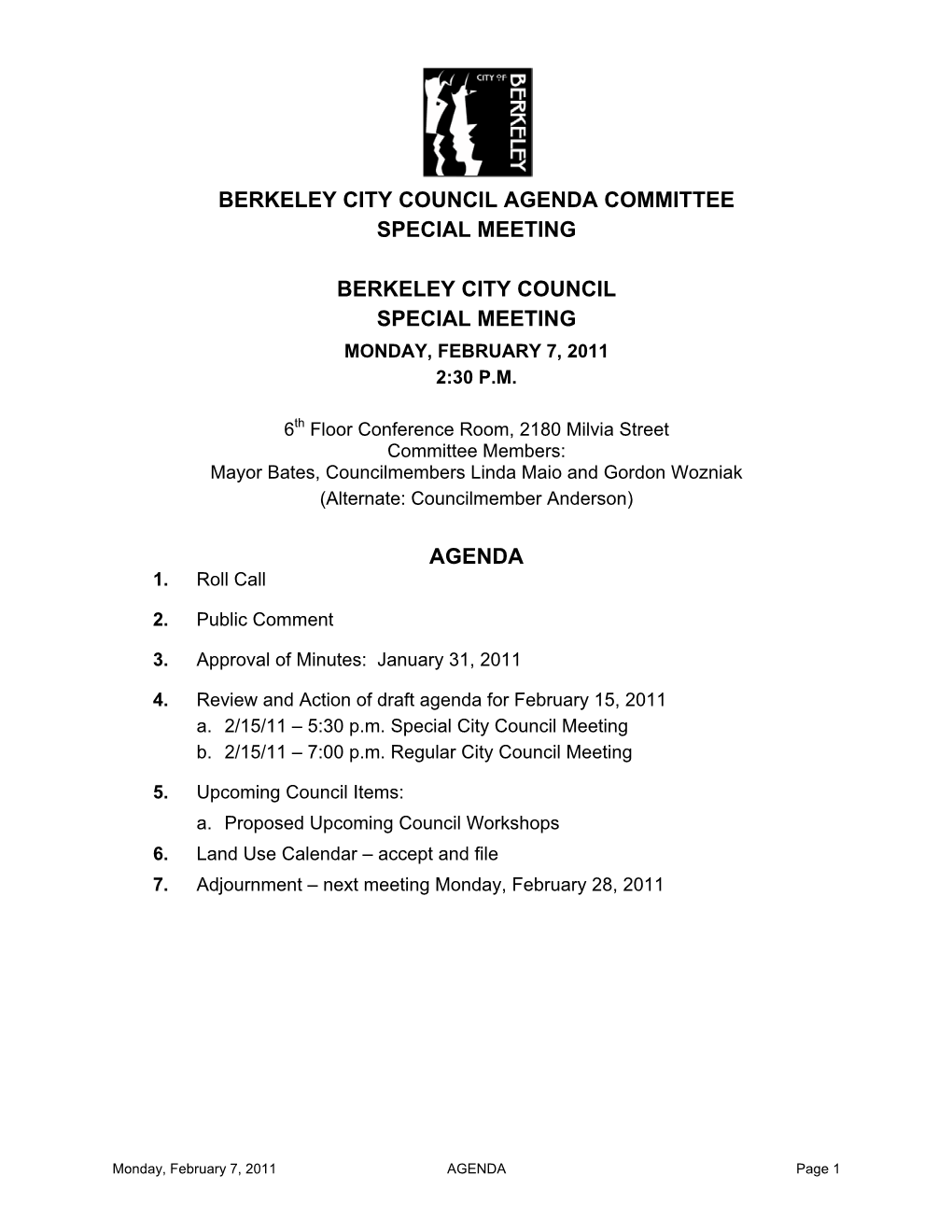 Berkeley City Council Agenda Committee Special Meeting