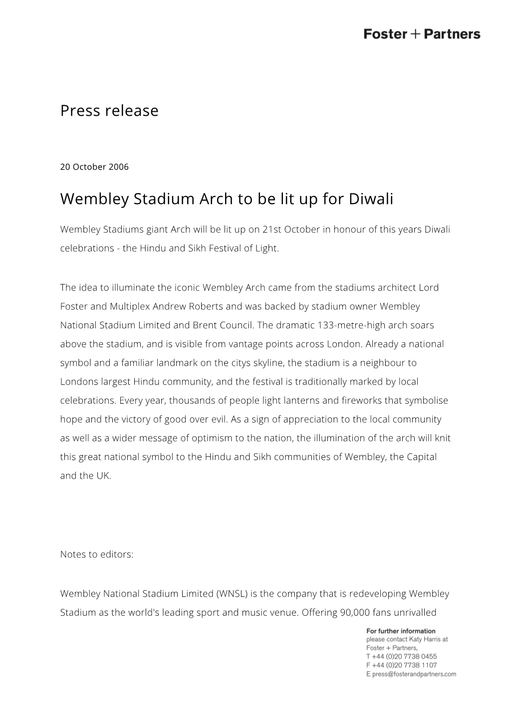 Press Release Wembley Stadium Arch to Be Lit up for Diwali