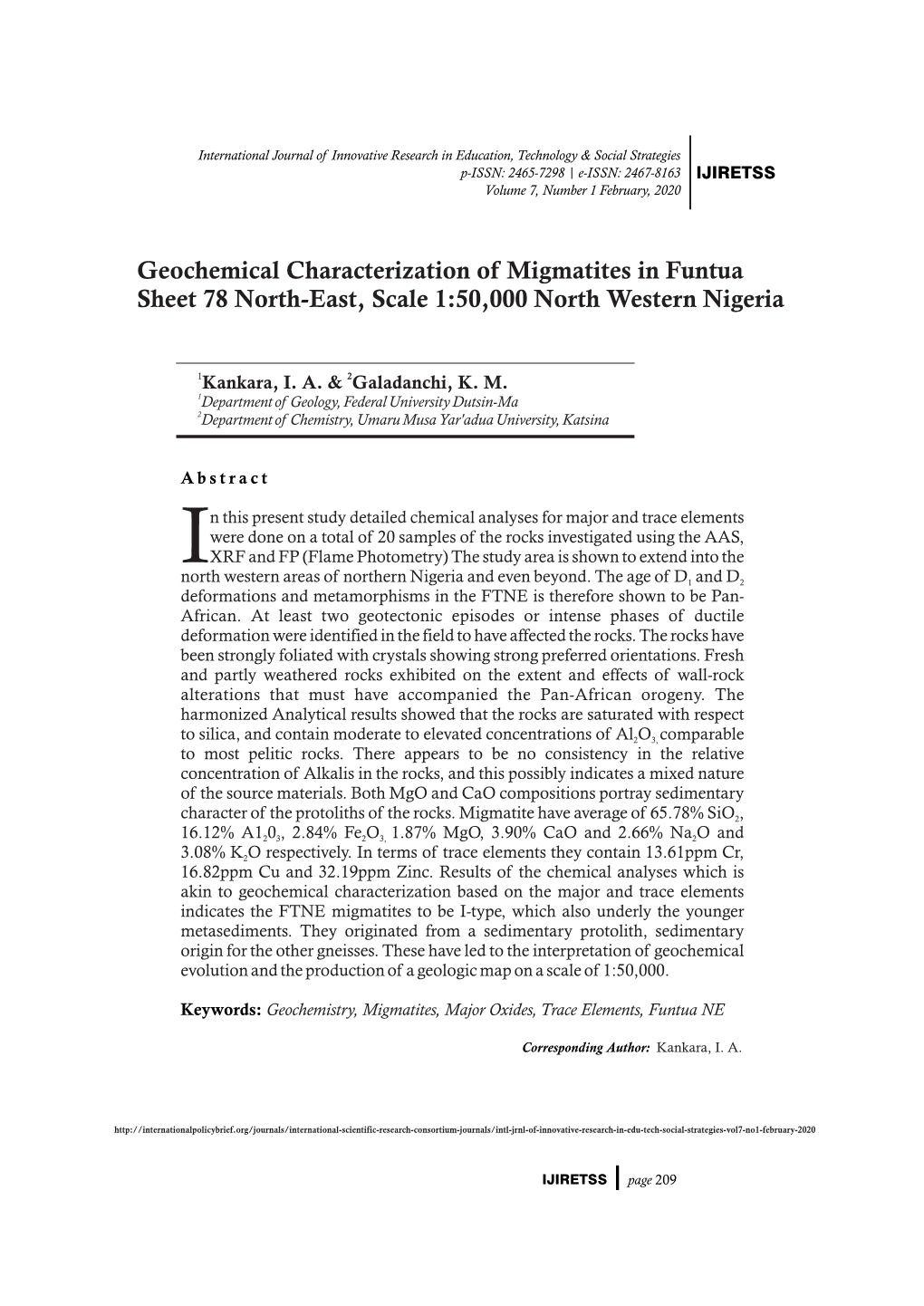 Geochemical Characterization of Migmatites in Funtua Sheet 78 North-East, Scale 1:50,000 North Western Nigeria