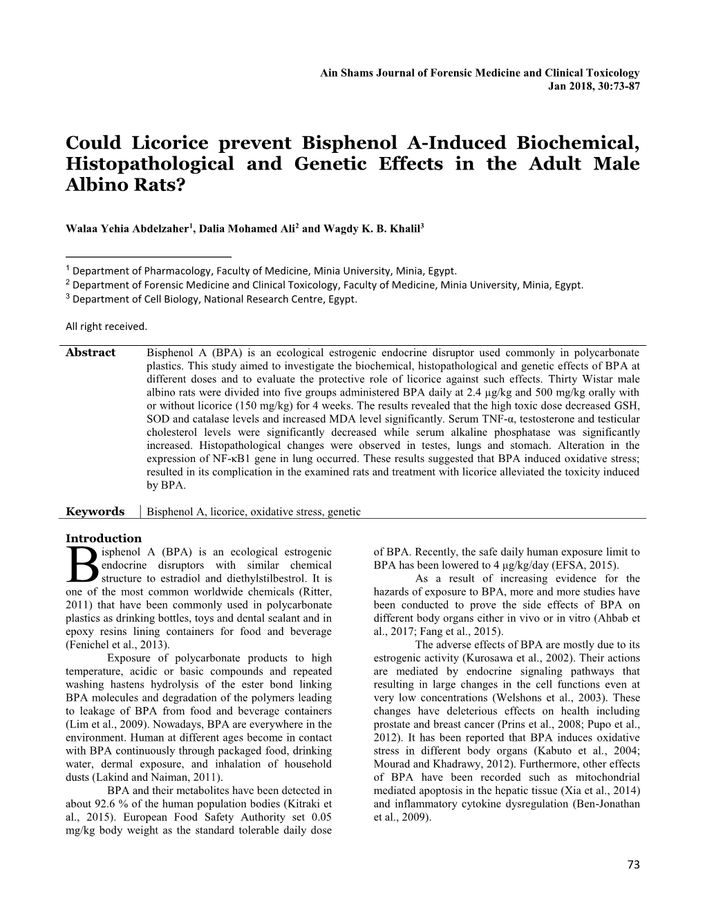 Could Licorice Prevent Bisphenol A-Induced Biochemical, Histopathological and Genetic Effects in the Adult Male Albino Rats?