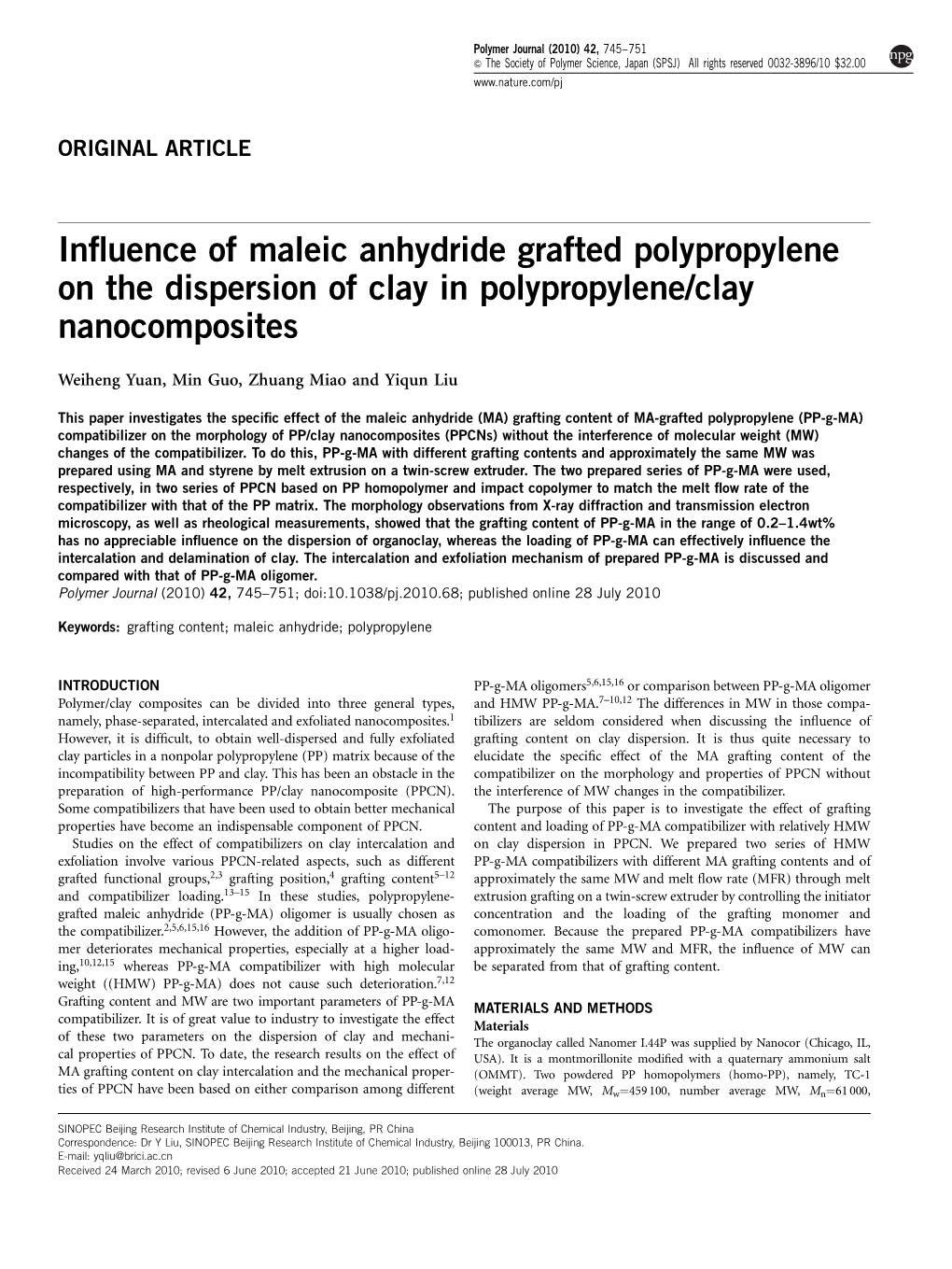 Influence of Maleic Anhydride Grafted Polypropylene on the Dispersion of Clay in Polypropylene/Clay Nanocomposites