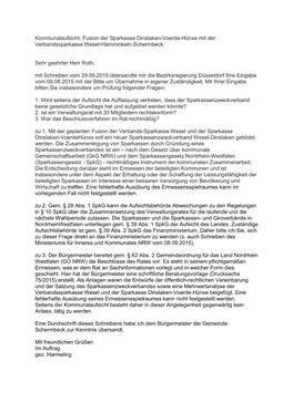 Kommunalaufsicht; Fusion Der Sparkasse Dinslaken-Voerde-Hünxe Mit Der Verbandssparkasse Wesel-Hamminkeln-Schermbeck Sehr Geehr