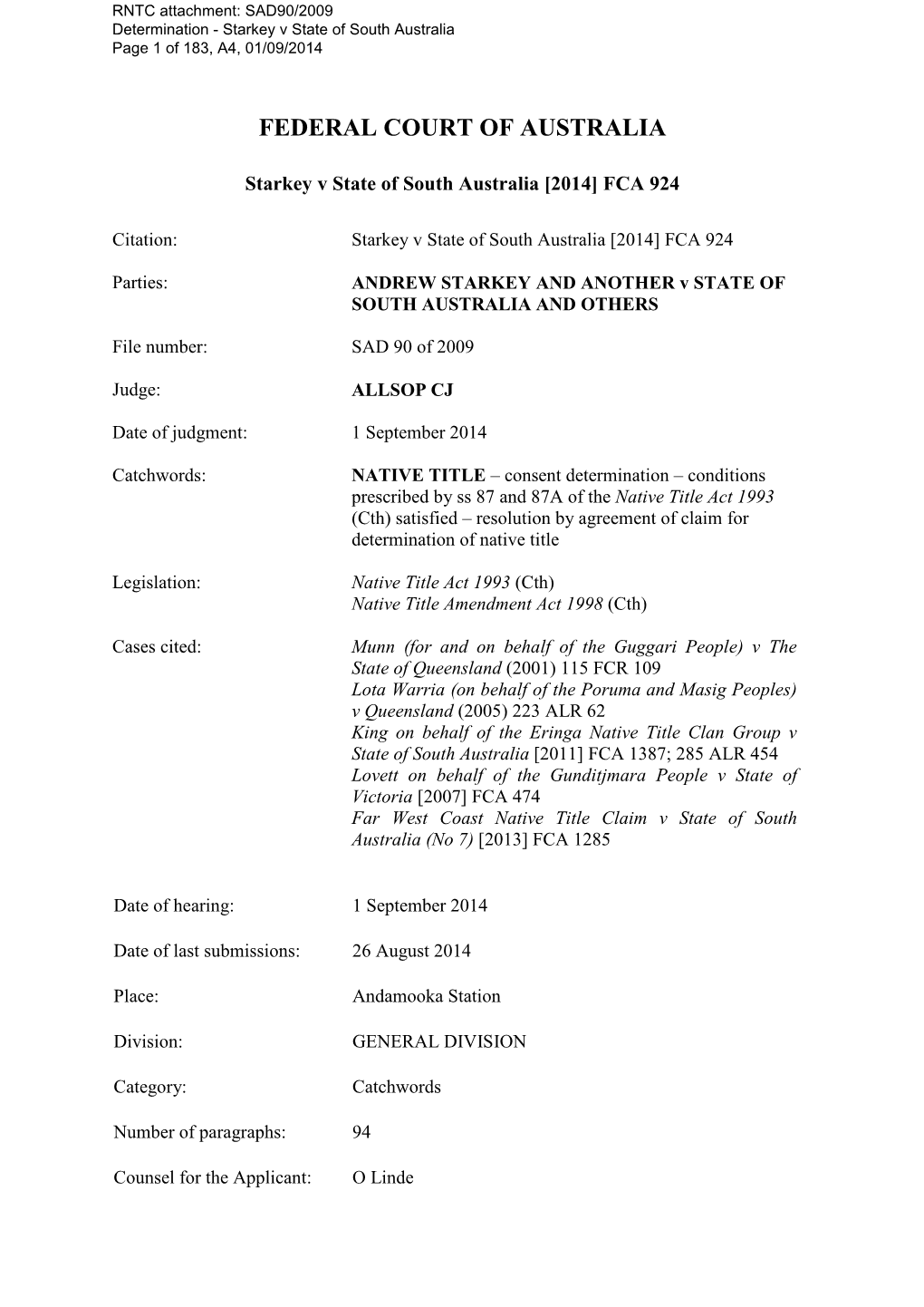 Starkey V State of South Australia Page 1 of 183, A4, 01/09/2014