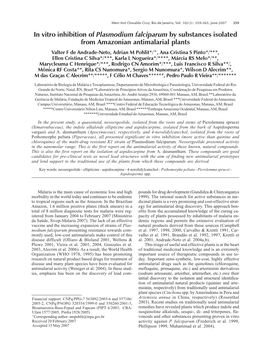 In Vitro Inhibition of Plasmodium Falciparum by Substances Isolated from Amazonian Antimalarial Plants