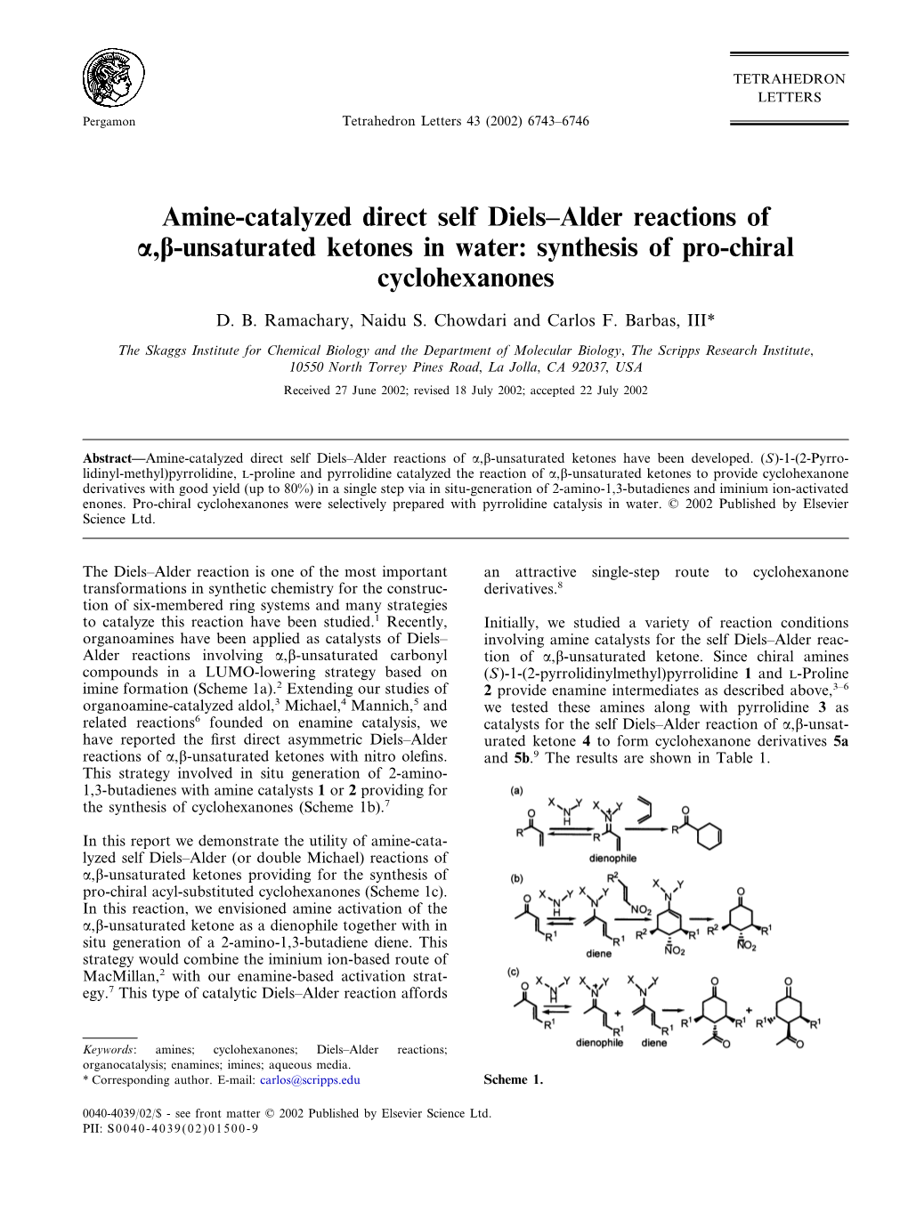 Amine-Catalyzed Direct Self Diels–Alder Reactions of A,B-Unsaturated Ketones in Water: Synthesis of Pro-Chiral Cyclohexanones