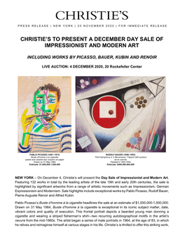 Christie's to Present a December Day Sale Of