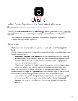 Indian Ocean Dipole and the South-West Monsoon