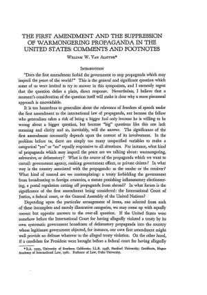 The First Amendment and the Suppression of Warmongering Propaganda in the United States: Comments and Footnotes William W