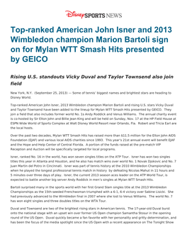 Top-Ranked American John Isner and 2013 Wimbledon Champion Marion Bartoli Sign on for Mylan WTT Smash Hits Presented by GEICO