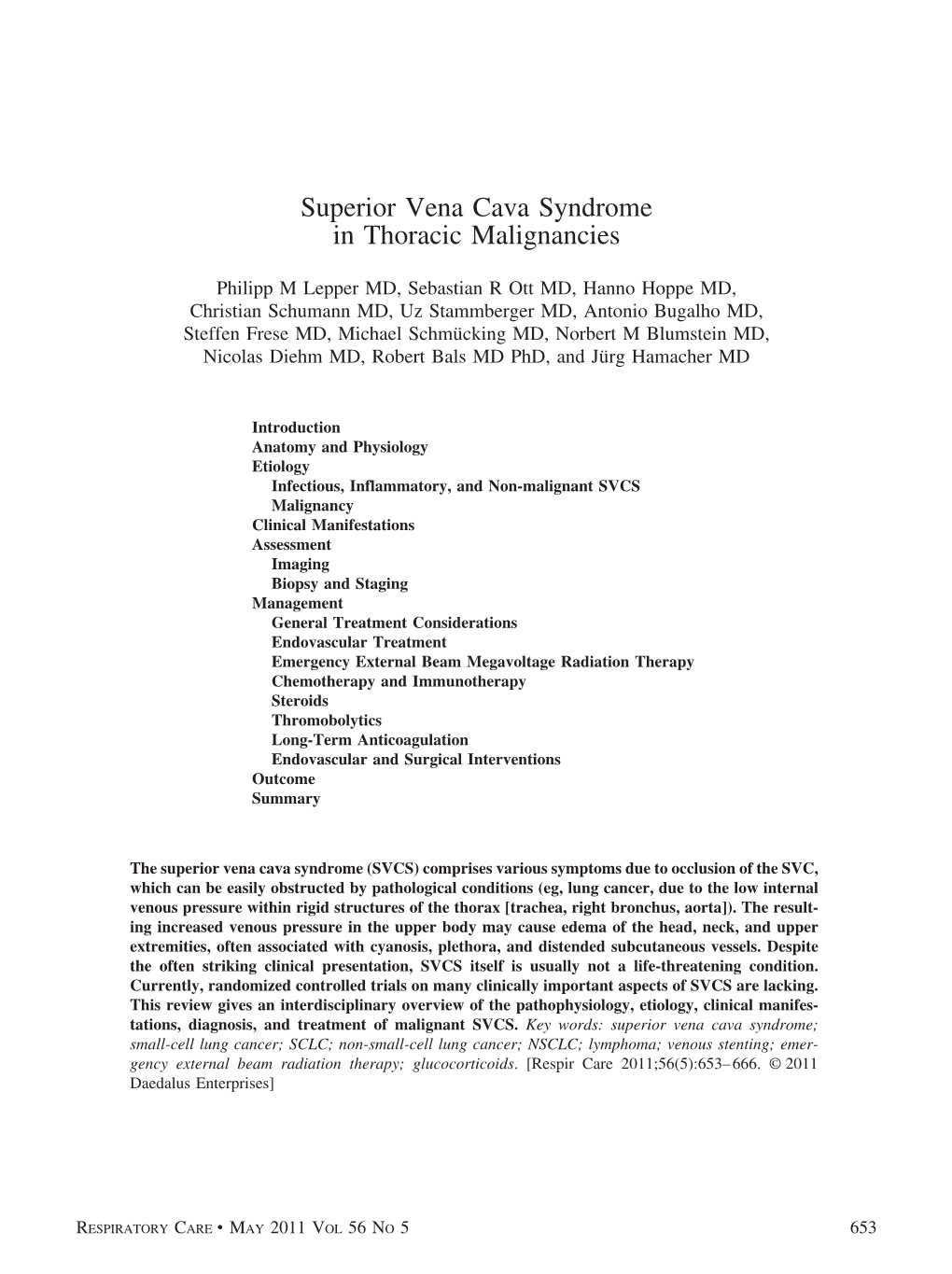 Superior Vena Cava Syndrome in Thoracic Malignancies