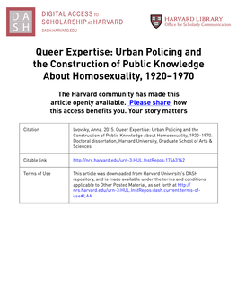 Queer Expertise: Urban Policing and the Construction of Public Knowledge About Homosexuality, 1920–1970