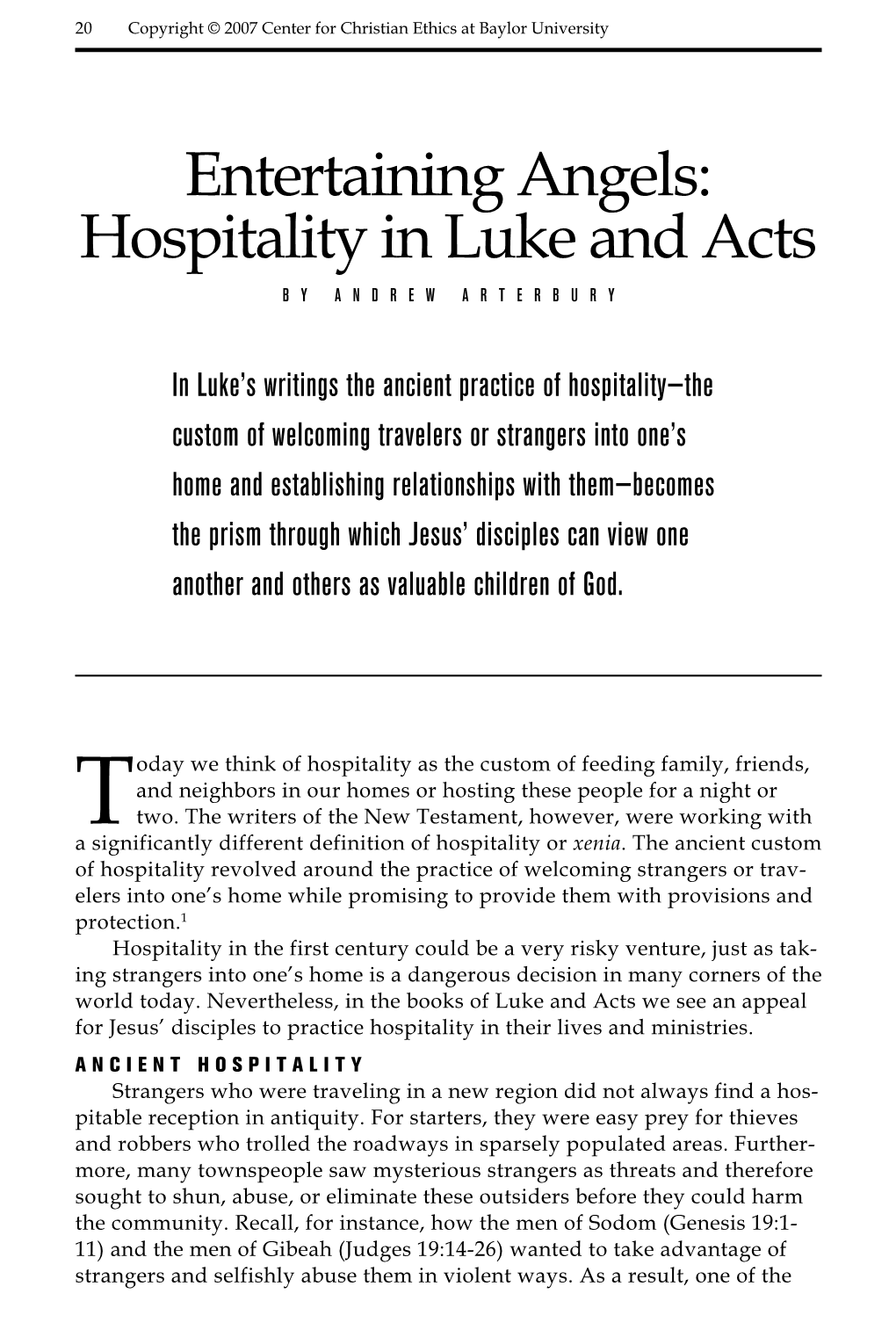 Entertaining Angels: Hospitality in Luke and Acts by Andrew Arter B U R Y