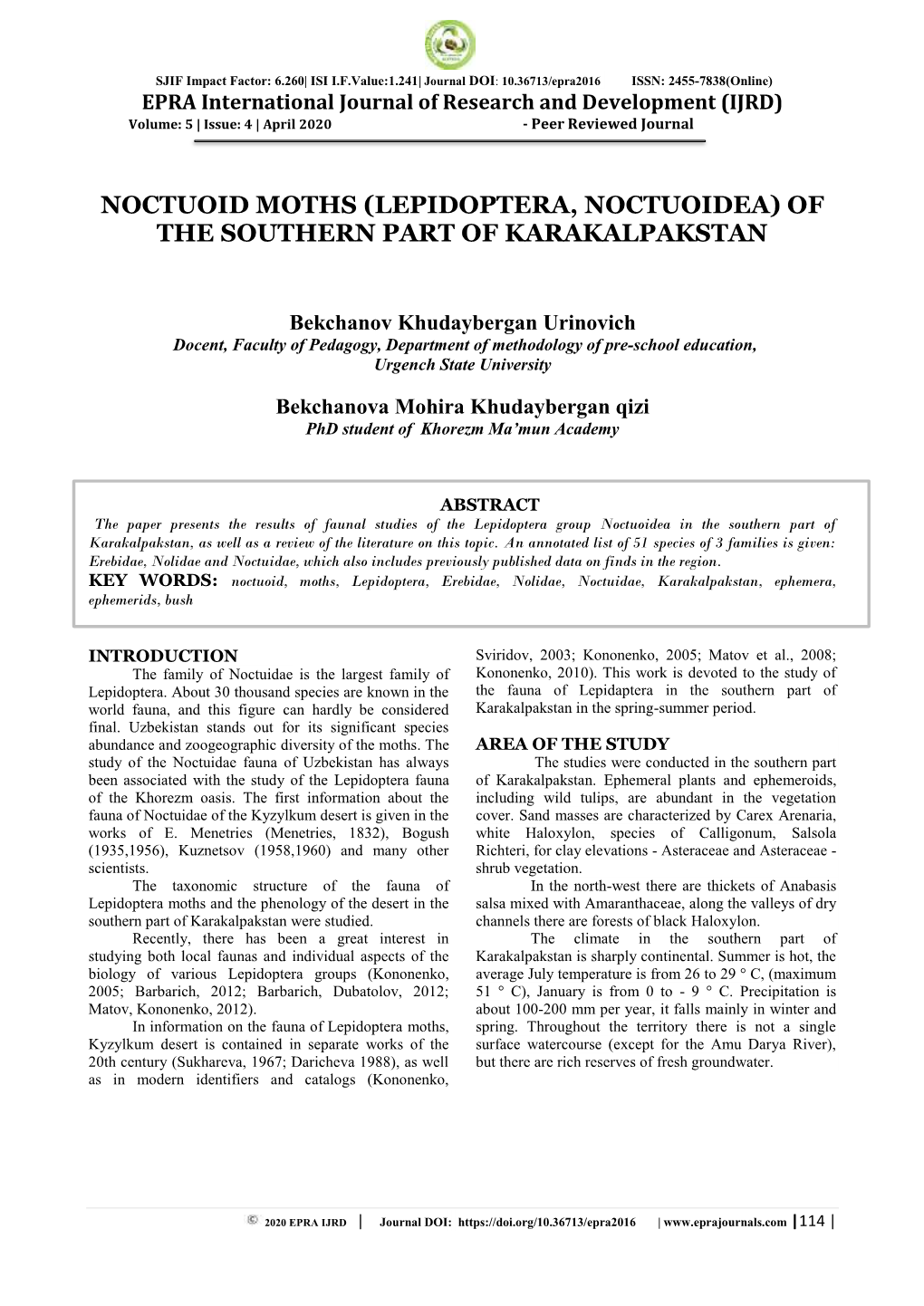 Noctuoid Moths (Lepidoptera, Noctuoidea) of the Southern Part of Karakalpakstan