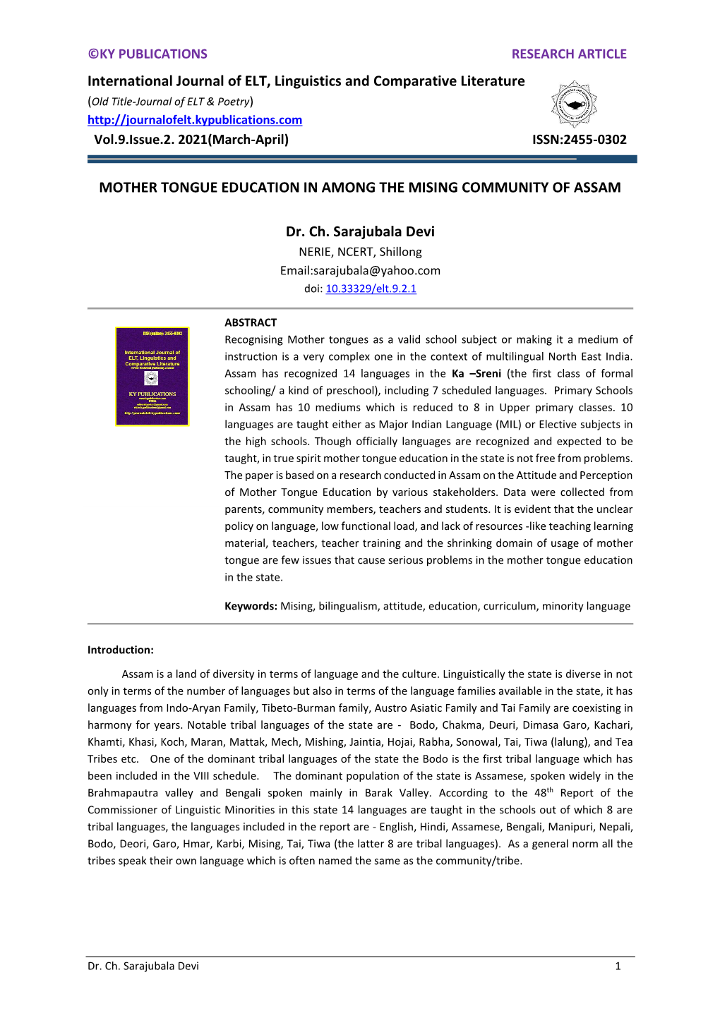 International Journal of ELT, Linguistics and Comparative Literature (Old Title-Journal of ELT & Poetry) Vol.9.Issue.2