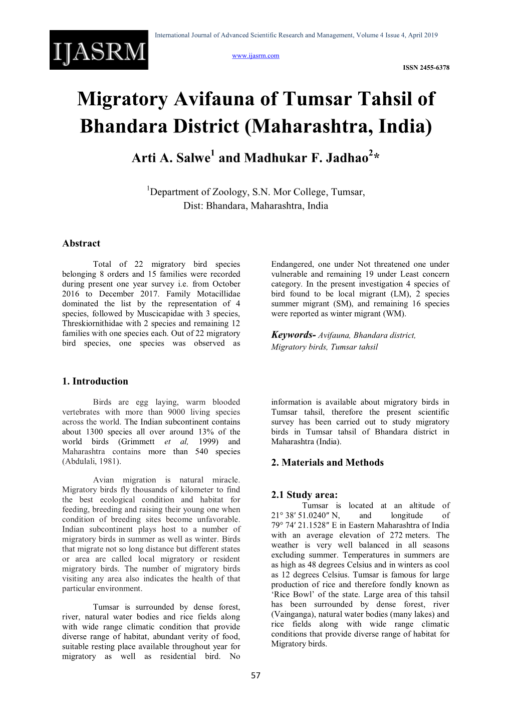Migratory Avifauna of Tumsar Tahsil of Bhandara District (Maharashtra, India)