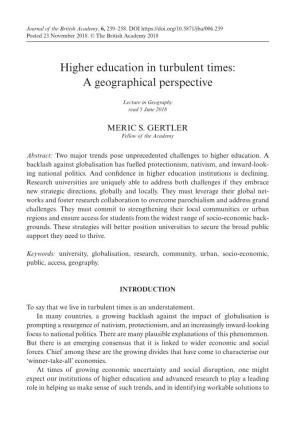 Higher Education in Turbulent Times: a Geographical Perspective