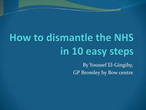 How to Dismantle the NHS in 10 Easy Steps – Youssef El-Gingihy  the Plot Against the NHS – Colin Leys & Stewart Player  NHS Plc – Allyson Pollock  NHS SOS – Ed