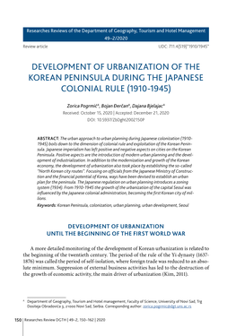 Development of Urbanization of the Korean Peninsula During the Japanese Colonial Rule (1910-1945)