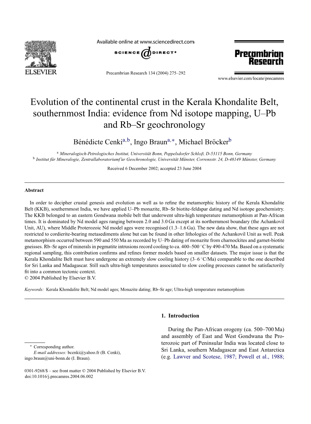 Evolution of the Continental Crust in the Kerala Khondalite Belt, Southernmost India: Evidence from Nd Isotope Mapping, U–Pb and Rb–Sr Geochronology