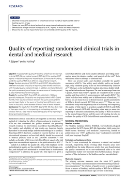 Quality of Reporting Randomised Clinical Trials in Dental and Medical Research