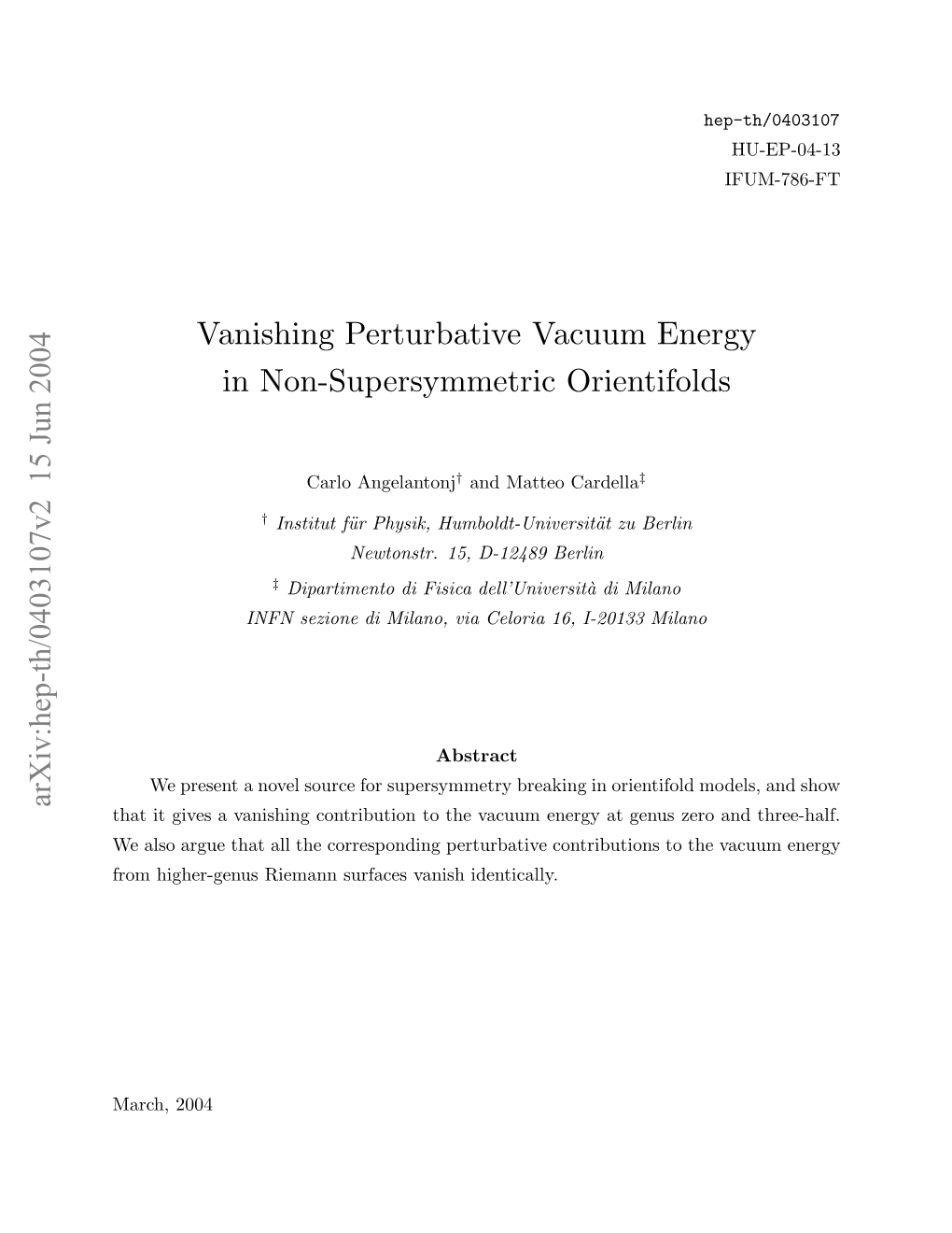 Vanishing Perturbative Vacuum Energy in Non-Supersymmetric