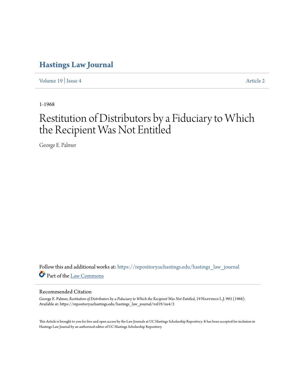 Restitution of Distributors by a Fiduciary to Which the Recipient Was Not Entitled George E