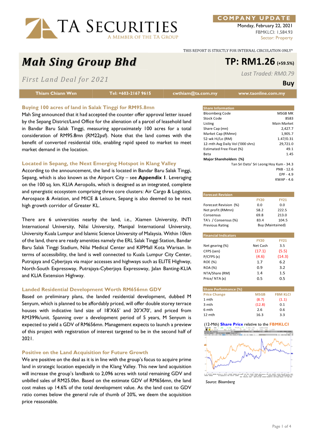 Mah Sing Group Bhd TP: RM1.26 (+59.5%) Last Traded: RM0.79 First Land Deal for 2021 Buy