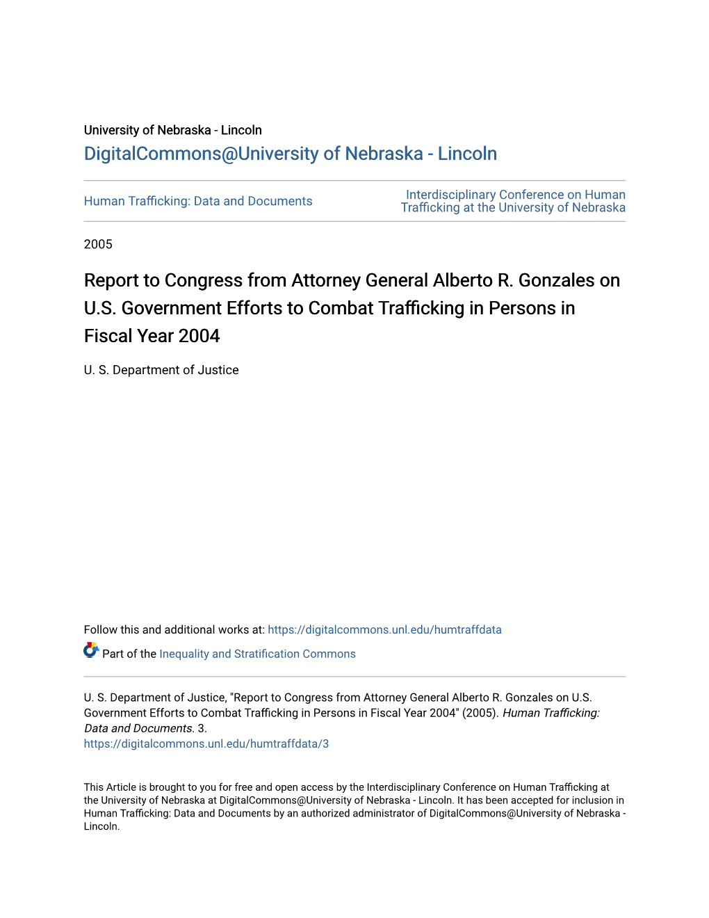 Report to Congress from Attorney General Alberto R. Gonzales on U.S