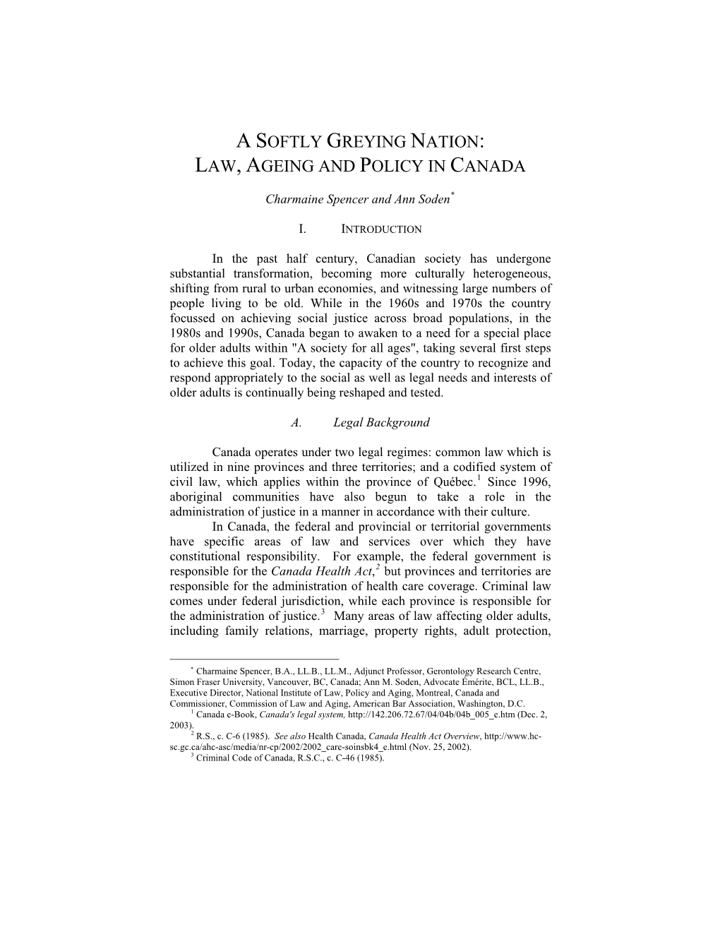 A Softly Greying Nation: Law, Ageing and Policy in Canada