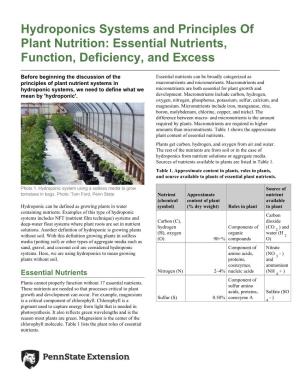 Hydroponics Systems and Principles of Plant Nutrition: Essential Nutrients, Function, Deficiency, and Excess