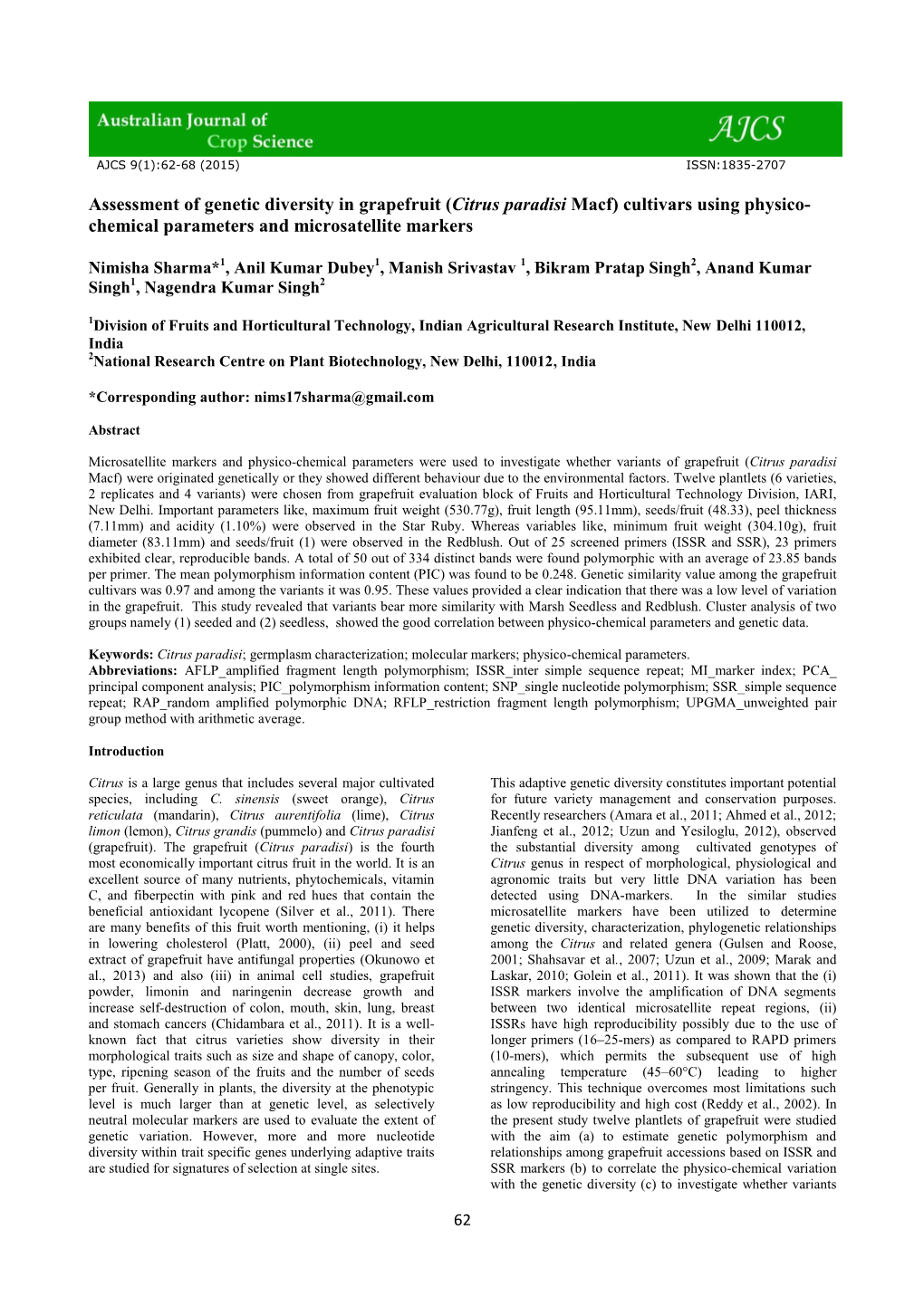 Assessment of Genetic Diversity in Grapefruit (Citrus Paradisi Macf) Cultivars Using Physico- Chemical Parameters and Microsatellite Markers