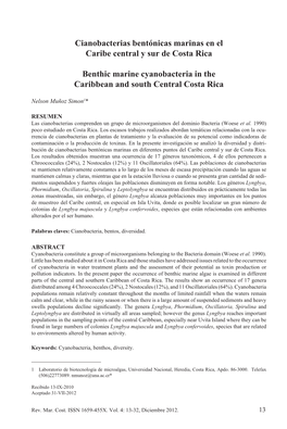 Cianobacterias Bentónicas Marinas En El Caribe Central Y Sur De Costa Rica