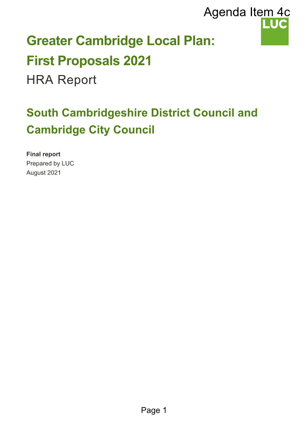 Greater Cambridge Local Plan: First Proposals 2021 HRA Report