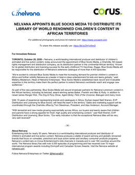 Nelvana Appoints Blue Socks Media to Distribute Its Library of World Renowned Children’S Content in African Territories