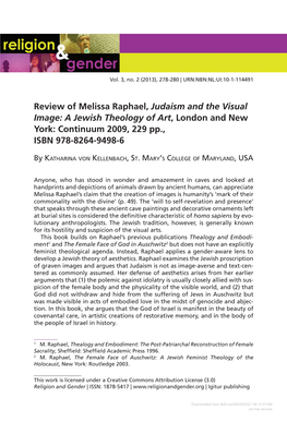 Review of Melissa Raphael, Judaism and the Visual Image: a Jewish Theology of Art, London and New York: Continuum 2009, 229 Pp., ISBN 978-8264-9498-6