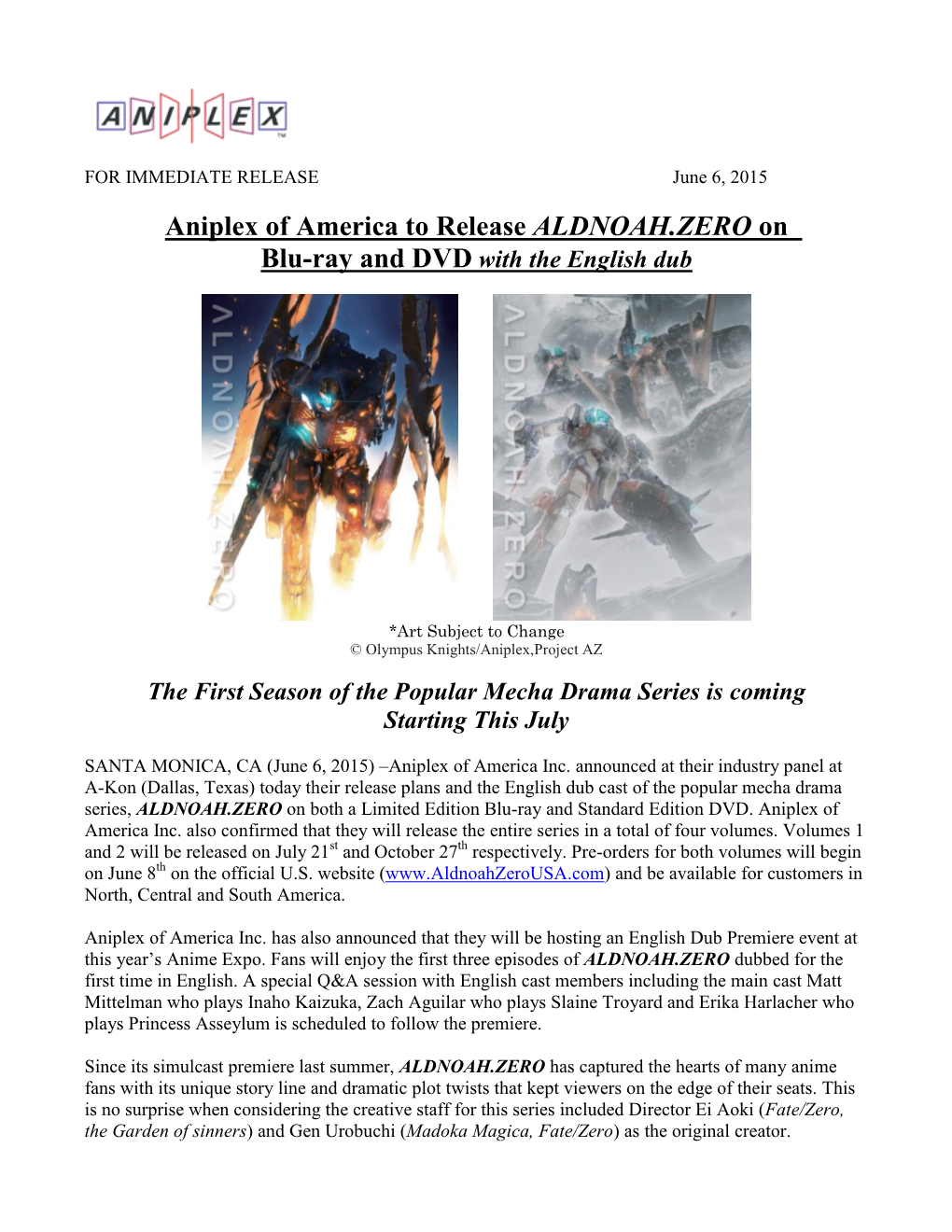 Aniplex of America to Release ALDNOAH.ZERO on Blu-Ray and DVD with the English Dub