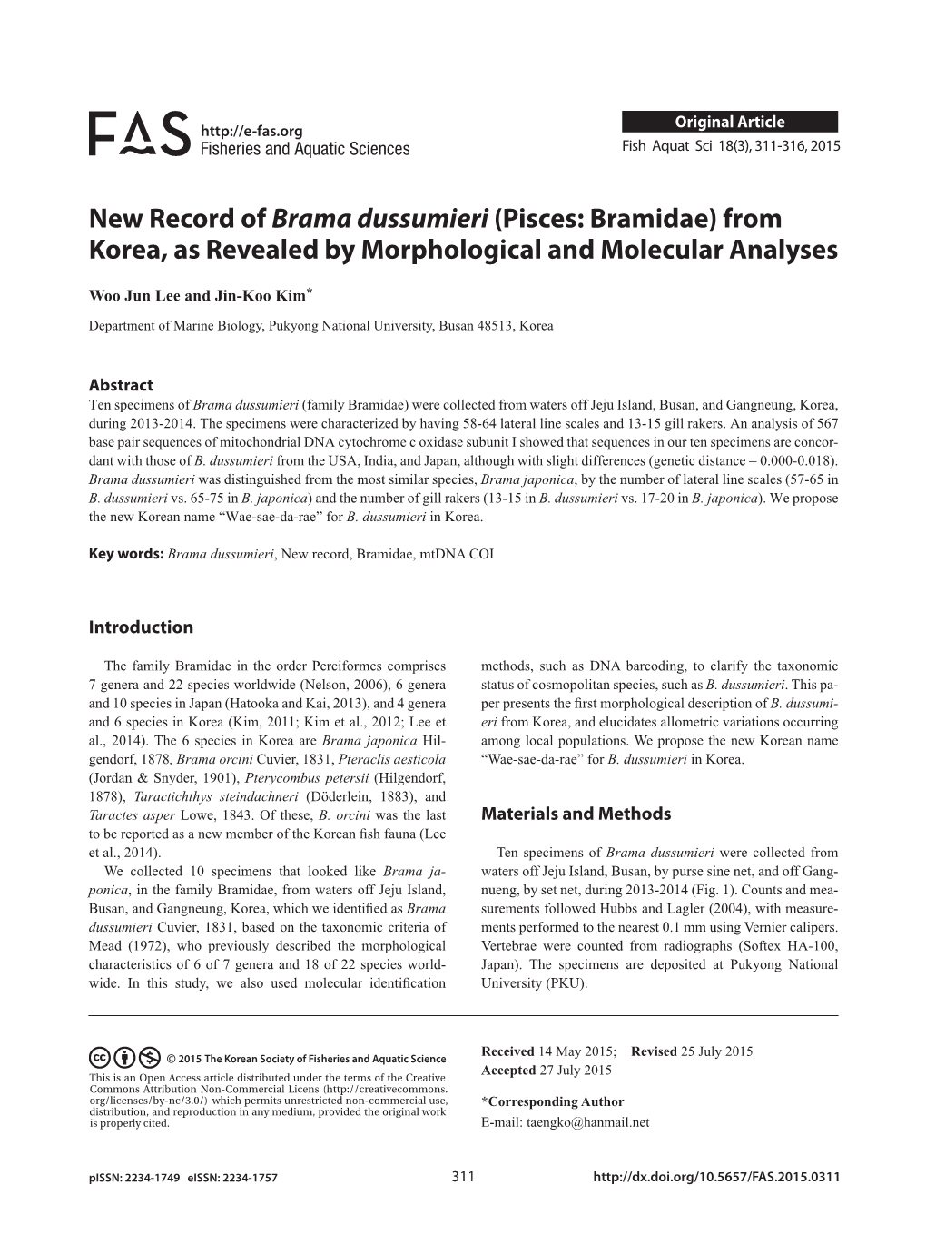 New Record of Brama Dussumieri (Pisces: Bramidae) from Korea, As Revealed by Morphological and Molecular Analyses