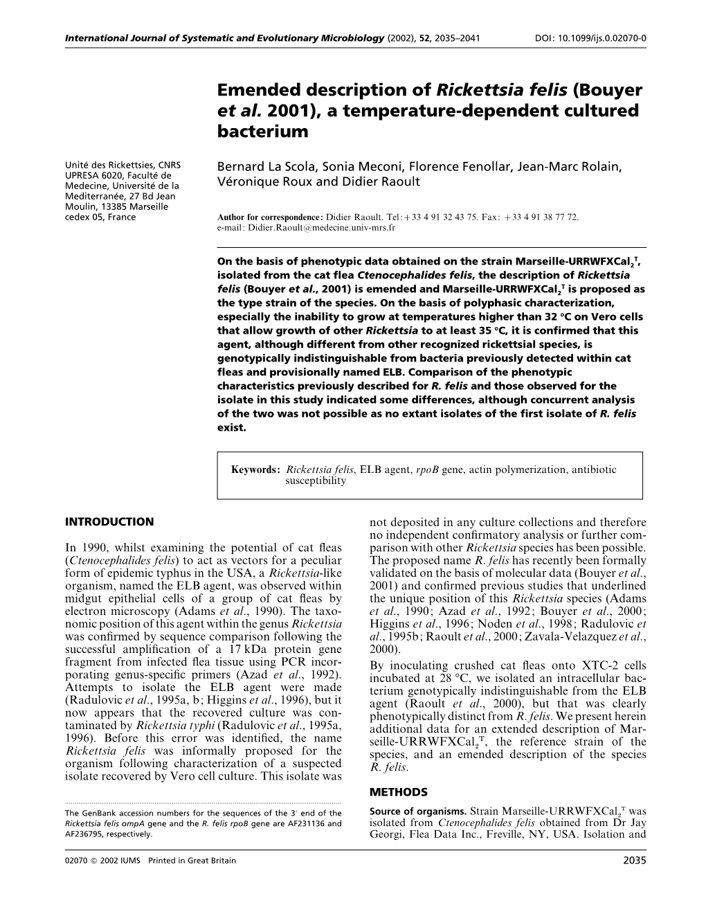 Emended Description of Rickettsia Felis (Bouyer Et Al