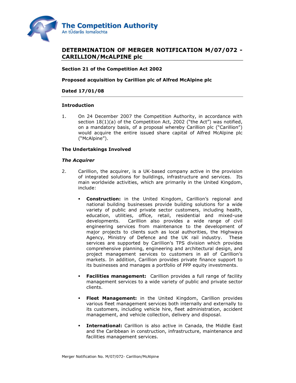 CARILLION/Mcalpine Plc