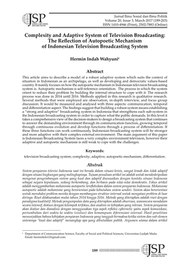 Complexity and Adaptive System of Television Broadcasting: the Reﬂ Ection of Autopoetic Mechanism of Indonesian Television Broadcasting System