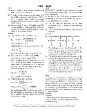 Acid - Base Page 1 1970 1970 (A) What Is the Ph of a 2.0 Molar Solution of Acetic H3PO2,H3PO3, and H3PO4 Are Monoprotic, Diprotic –5 Acid