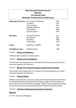 New Earswick Parish Council Minutes 15 February 2016 Business Commenced at 19.00 Hours