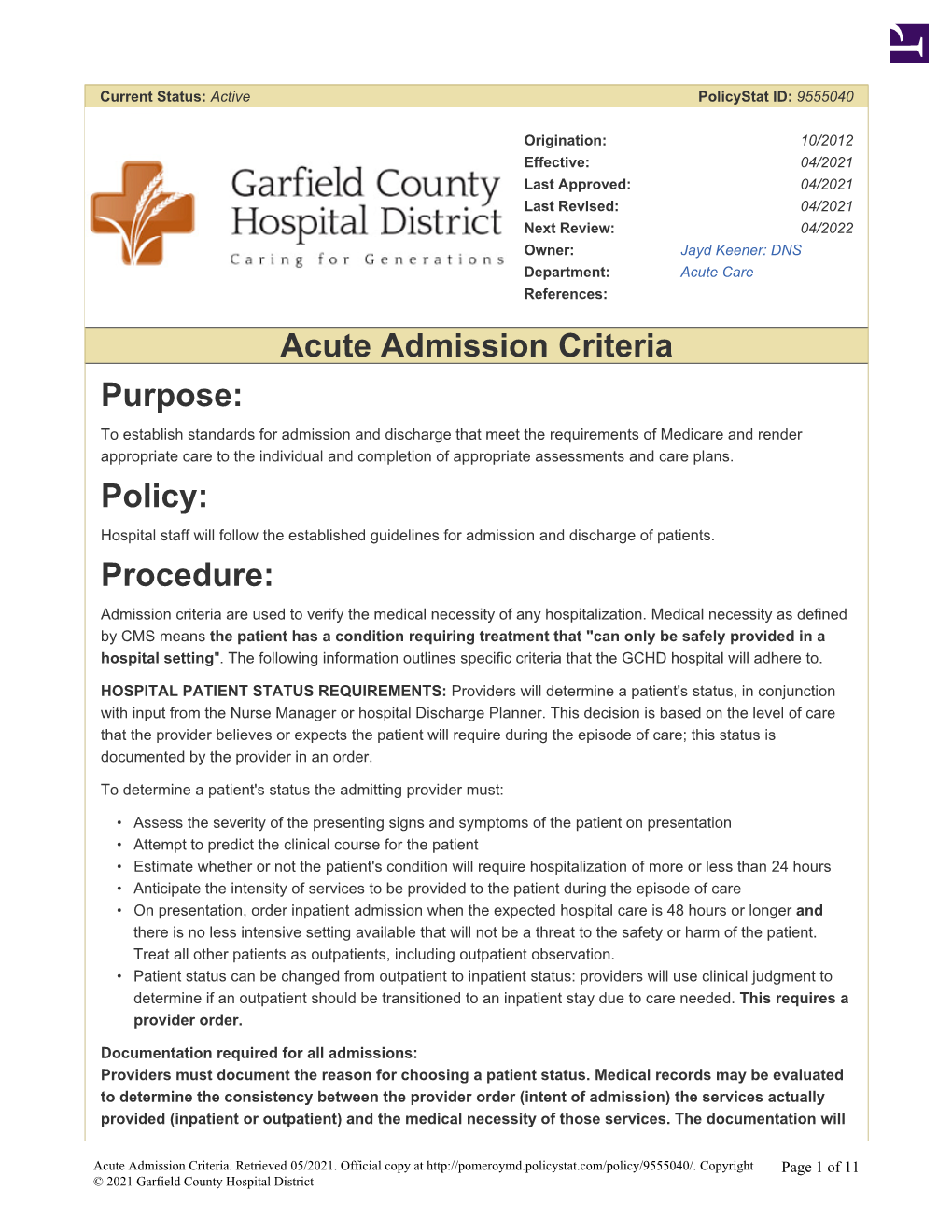 Garfield County Hospital District Hospital Admission Policy