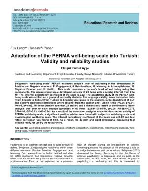 Adaptation of the PERMA Well-Being Scale Into Turkish: Validity and Reliability Studies