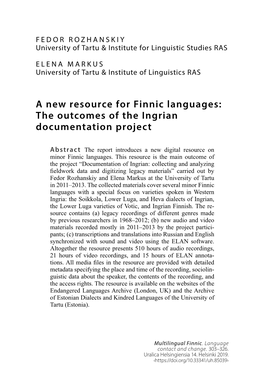 A New Resource for Finnic Languages: the Outcomes of the Ingrian Documentation Project