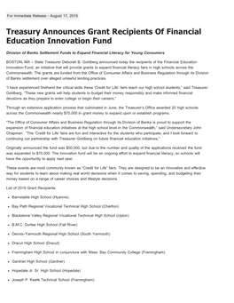 Treasury Announces Grant Recipients of Financial Education Innovation Fund