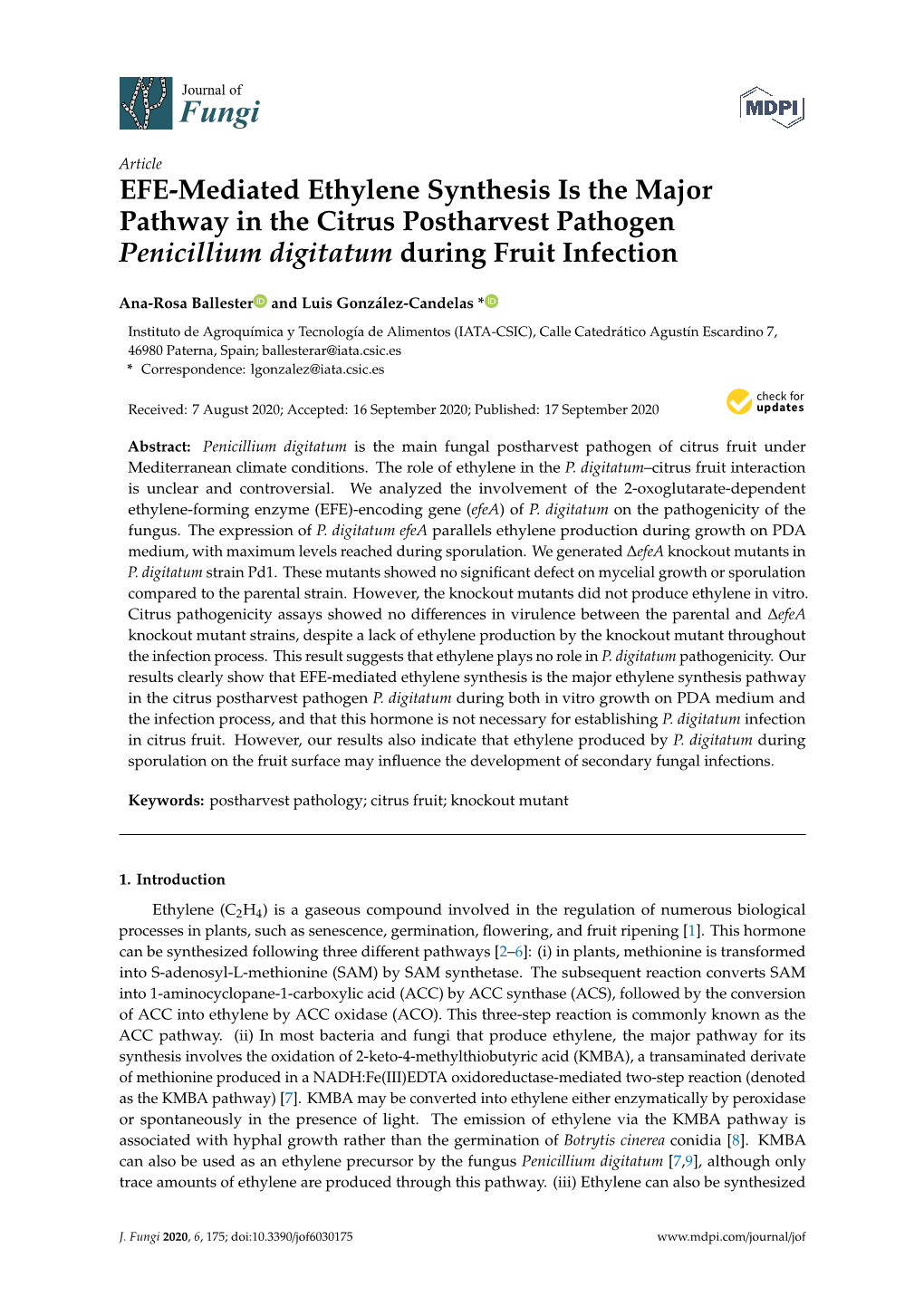 EFE-Mediated Ethylene Synthesis Is the Major Pathway in the Citrus Postharvest Pathogen Penicillium Digitatum During Fruit Infection