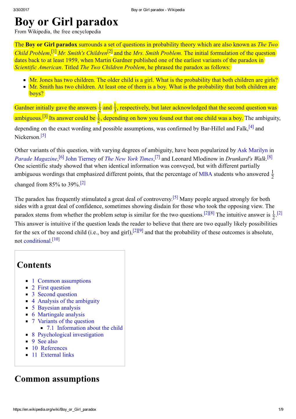 Boy Or Girl Paradox ­ Wikipedia Boy Or Girl Paradox from Wikipedia, the Free Encyclopedia