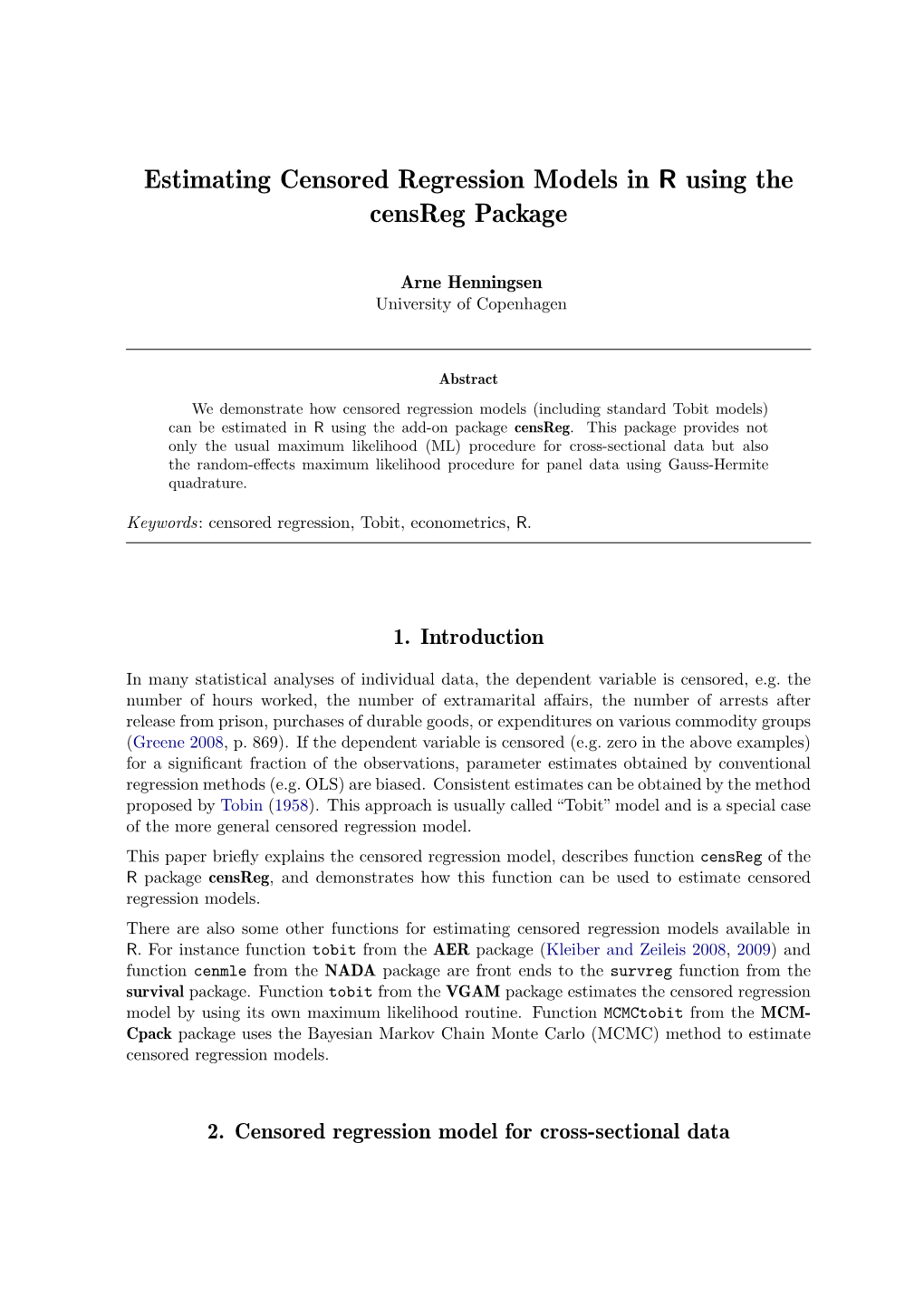 Censored Regression Models in R Using the Censreg Package