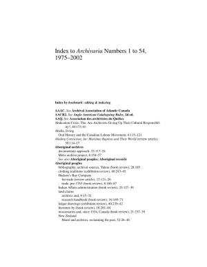 Index to Archivaria Numbers 1 to 54, 1975–2002